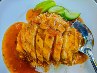 Crispy pork with rice and sauce, thai style.