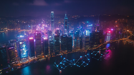 Smart digital Innovation city with connection network reciprocity over the cityscape. of future smart wireless digital city and social media networking systems that connects people with in city