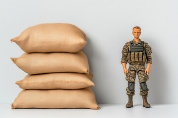 Action Figure Soldier Standing Near Sandbags Representing Military Equipment and Defense, Strong Pose for Ad Campaigns or Educational Purposes, Isolated on a Light Background