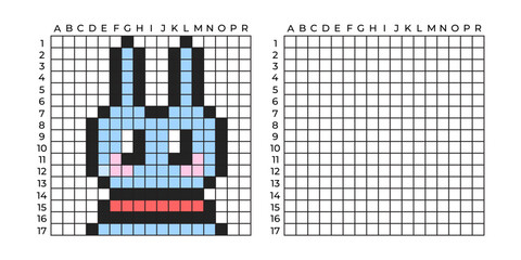 Fototapeta premium Copy Educational game for children. Pixel art cute Cartoon blue rabbit hare. Coloring by numbers for little children. A simple pattern for various types of mosaics, and cross stitch Repeat the drawing