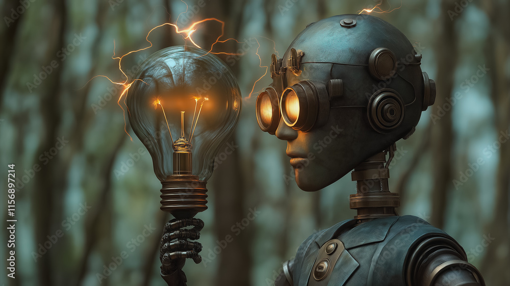 Poster a robot with a bulb in its hand. the robot is wearing goggles and has a metallic appearance