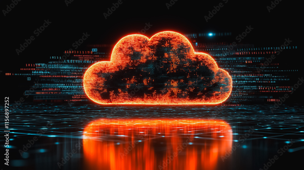 Poster a glowing cloud of data is displayed on a dark background. concept of technology and the vastness of