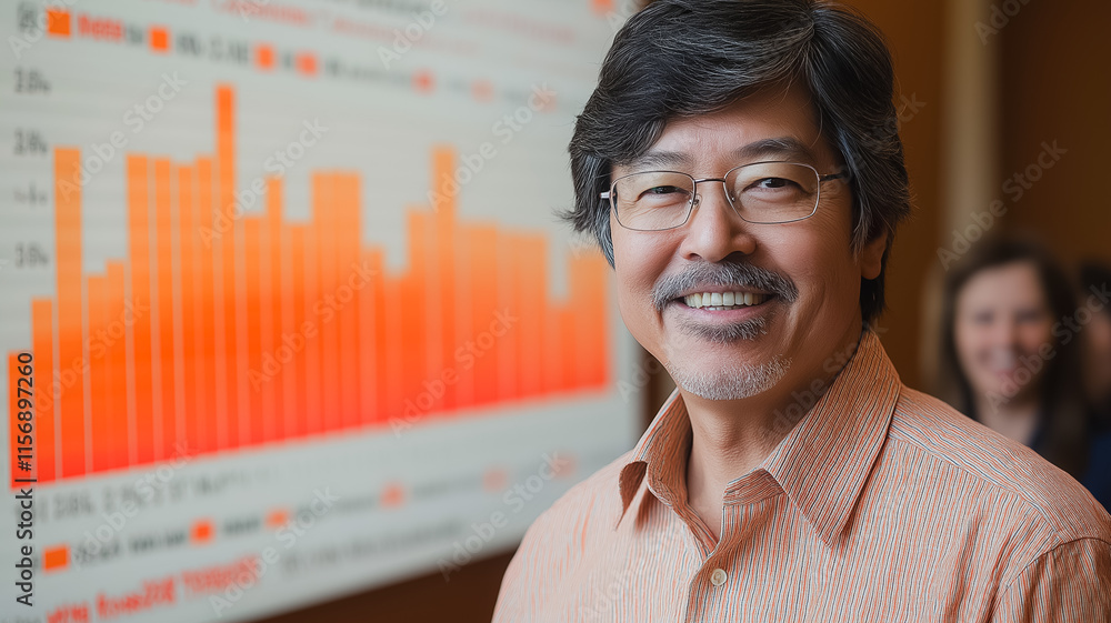 Poster a man with a mustache and glasses is smiling in front of a large graph. the graph shows a downward t