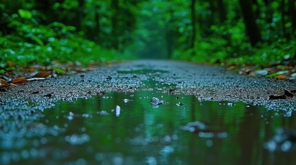 Fototapeta premium Rainy path through lush green forest; puddle reflections.
