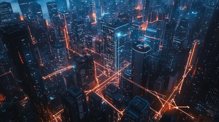 Smart digital Innovation city with connection network reciprocity over the cityscape. of future smart wireless digital city and social media networking systems that connects people with in city