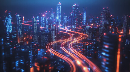 Fototapeta premium Smart digital Innovation city with connection network reciprocity over the cityscape. of future smart wireless digital city and social media networking systems that connects people with in city