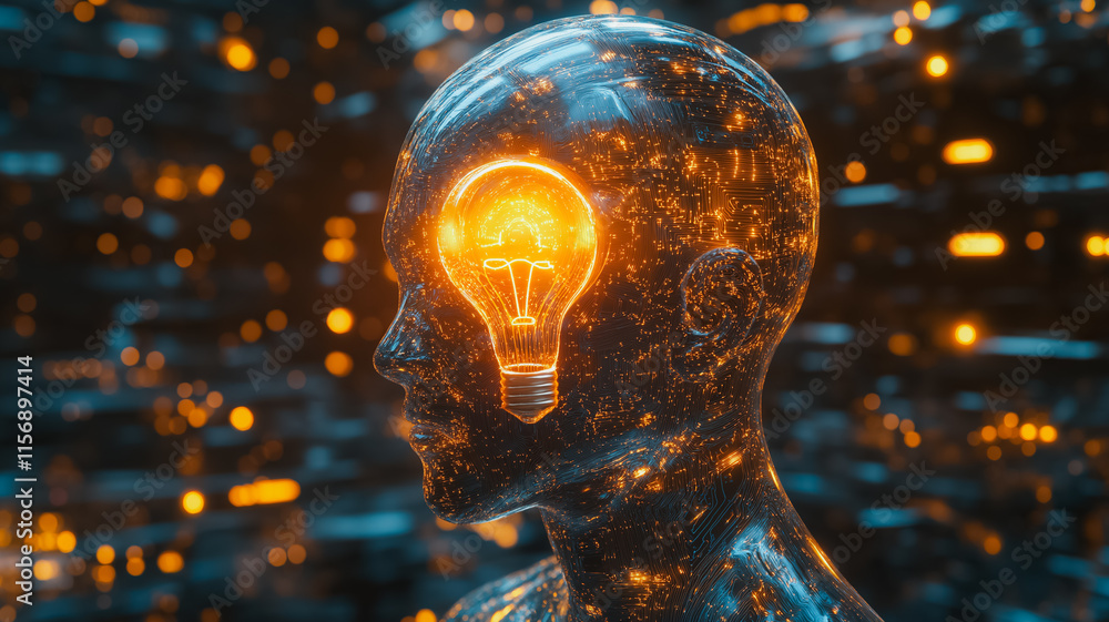 Poster a man's head is lit up like a light bulb. the image is a representation of the idea of intelligence 