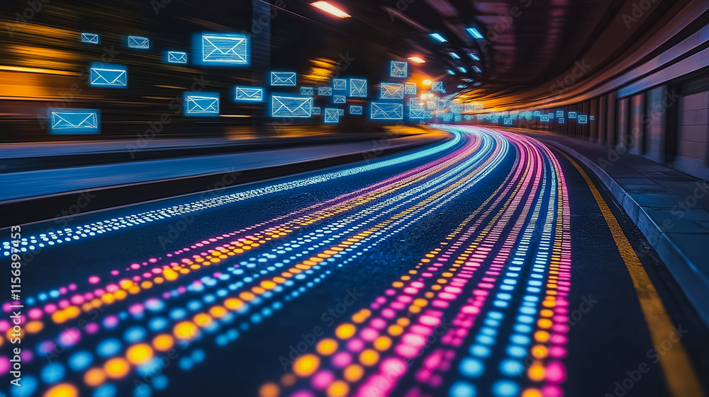Poster a colorful, glowing highway with many different colored dots. the dots are arranged in a way that cr