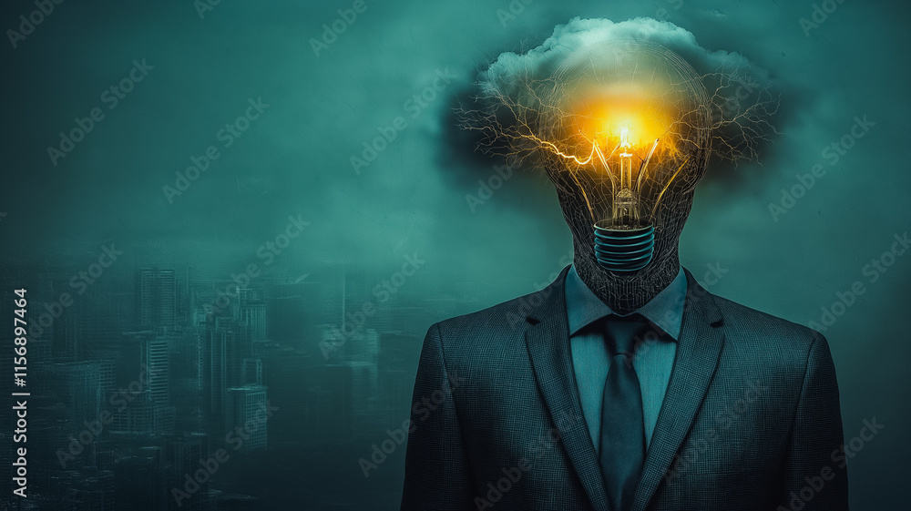 Poster a man with a bulb for a head is standing in front of a city. concept of futuristic technology and th