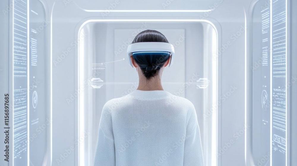 Aufkleber futuristic virtual reality experience with a person wearing a headset in a high-tech environment sur