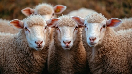 Fototapeta premium Four sheep closely gathered in a green pasture during daylight hours in a rural setting