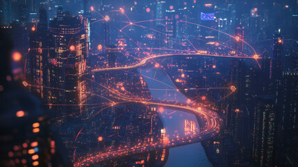 Smart digital Innovation city with connection network reciprocity over the cityscape. of future smart wireless digital city and social media networking systems that connects people with in city