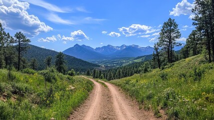 Naklejka premium Rocky Mountain dirt road leading to stunning mountain views under a clear blue sky in mid-afternoon