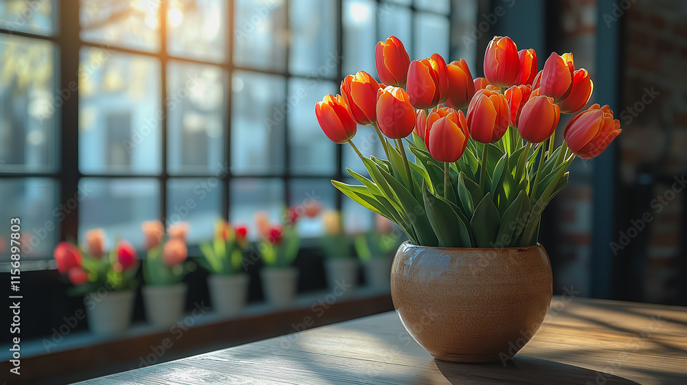 Poster a vase of red tulips sits on a table in front of a window. the sunlight streaming in through the win