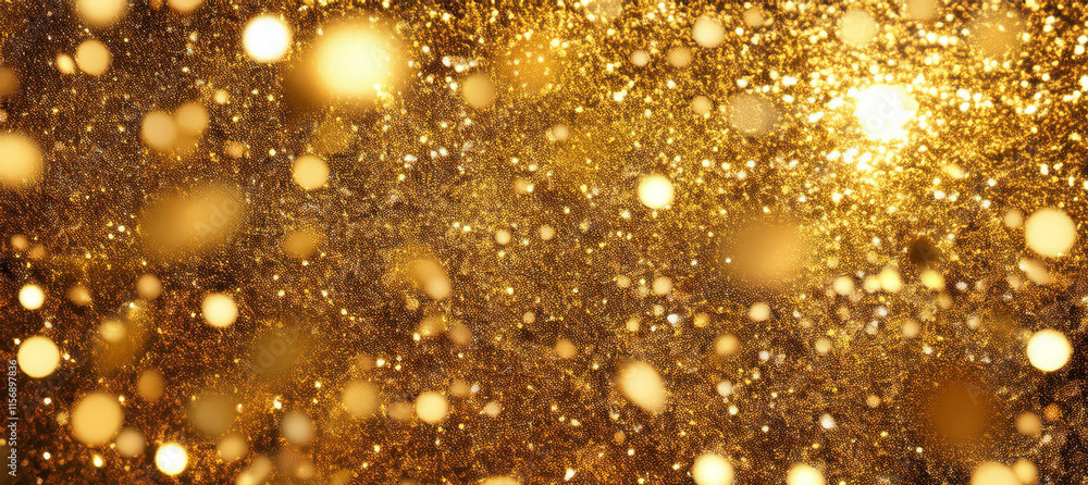 Poster golden glitter texture shimmering with sparkling particles.