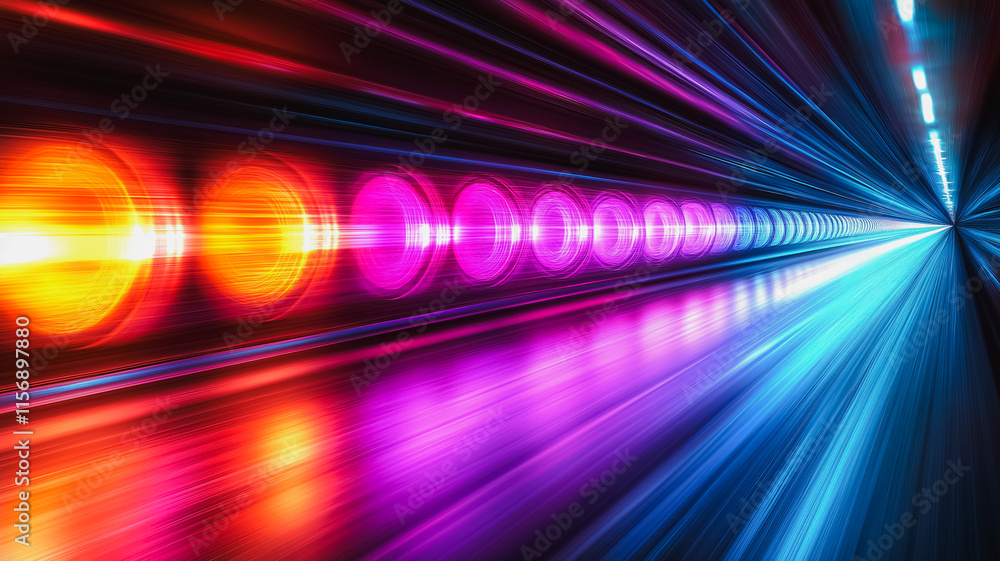 Poster a colorful light show with a blue line in the middle. the lights are in a row and are of different c