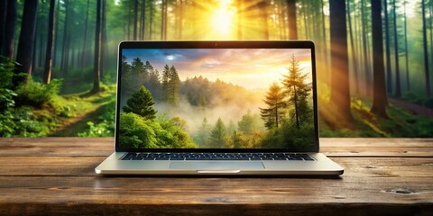 Double Exposure: Laptop on Wooden Table, Blank Screen, Nature Scene