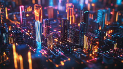 Smart digital Innovation city with connection network reciprocity over the cityscape. of future smart wireless digital city and social media networking systems that connects people with in city