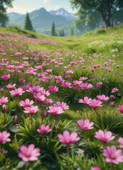 Fototapeta premium Vibrant pink spring flowers in a lush green meadow, outdoor, spring flowers