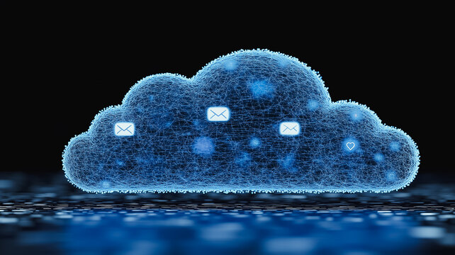 A blue cloud with three small blue circles on it. The circles are labeled with the words "email" and "message"