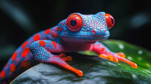 A colorful frog with red eyes is sitting on a leaf. The frog is blue and red with a pattern of dots