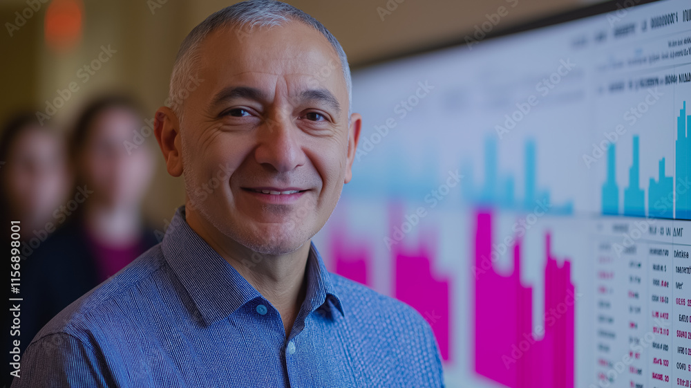 Poster a man is smiling in front of a large monitor displaying graphs. the man is confident and happy, poss