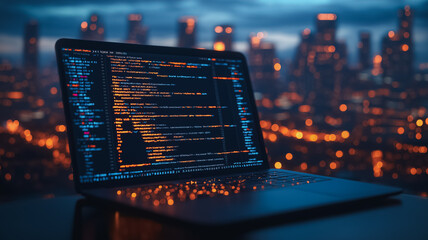 A laptop computer is open to a screen displaying a computer program. The city lights in the background create a warm and inviting atmosphere