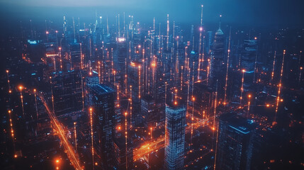 Obraz premium Smart digital Innovation city with connection network reciprocity over the cityscape. of future smart wireless digital city and social media networking systems that connects people with in city