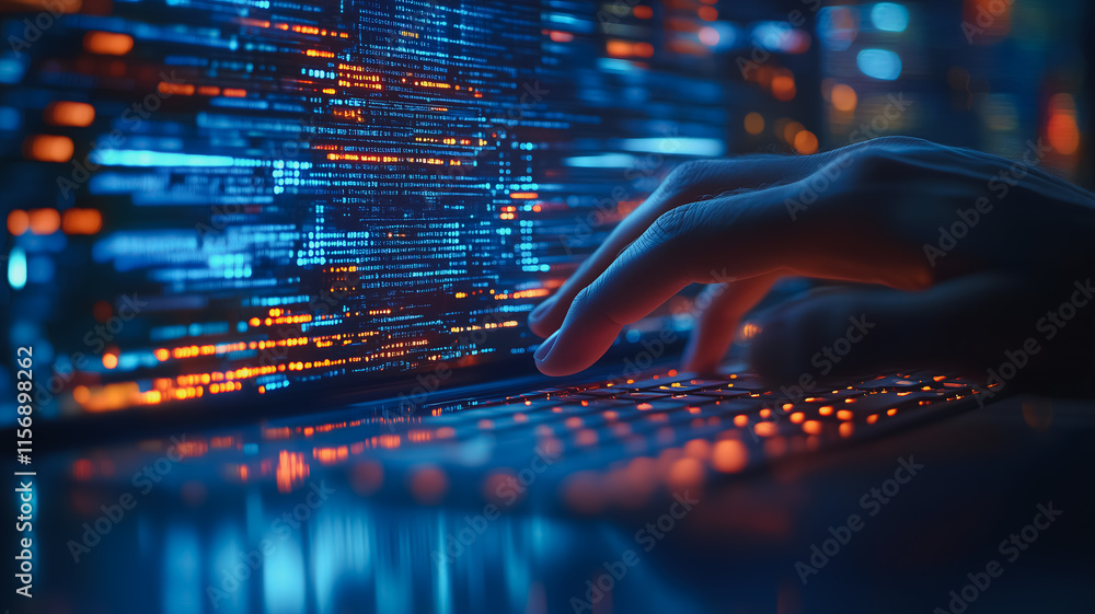 Poster a hand is typing on a computer keyboard with a blue background. concept of productivity and focus, a