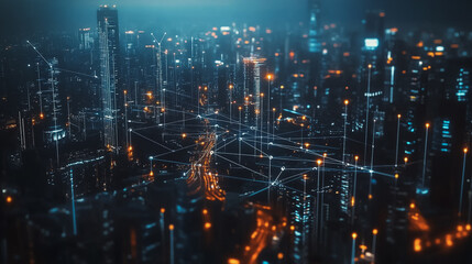 Obraz premium Smart digital Innovation city with connection network reciprocity over the cityscape. of future smart wireless digital city and social media networking systems that connects people with in city