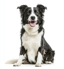 Fototapeta premium A black and white border collie sits in front of a white background