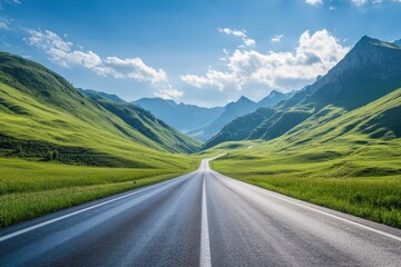 A road winds through a scenic valley with majestic mountains