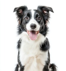 Fototapeta premium A black and white border collie sits in front of a white background