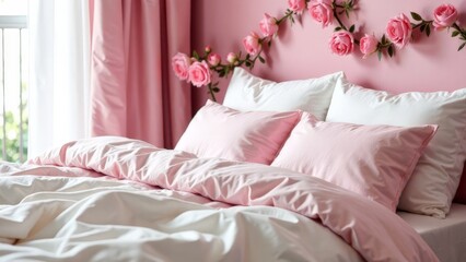 White bed with pillows and pink roses.