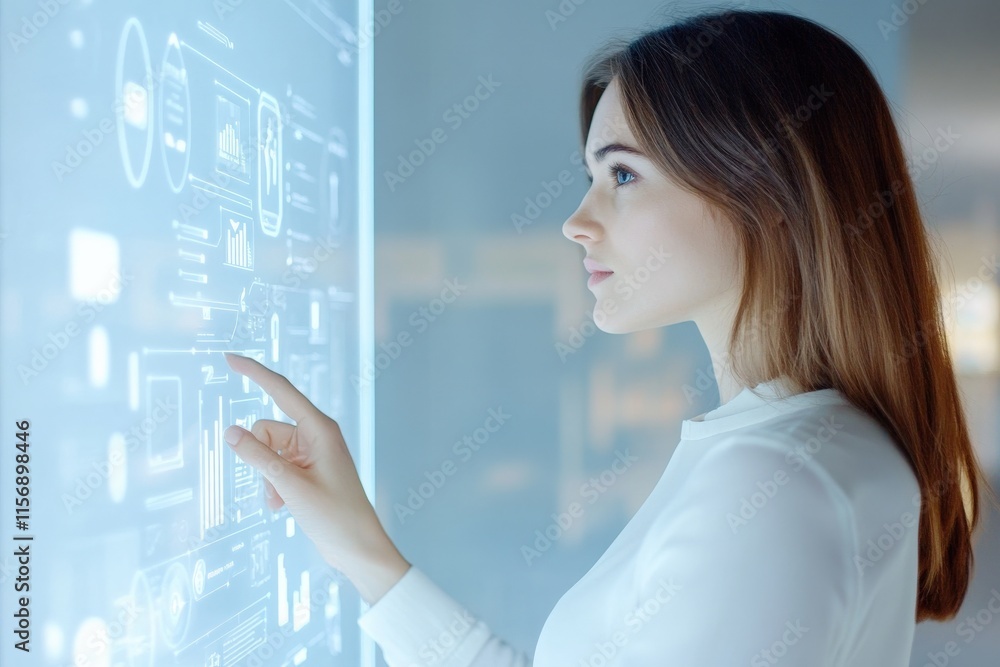 Poster engaging young woman interacting with high-tech display in modern office environment, exploring inno