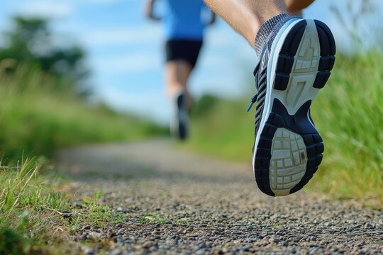 A closeup of feet in running shoes on a dirt road