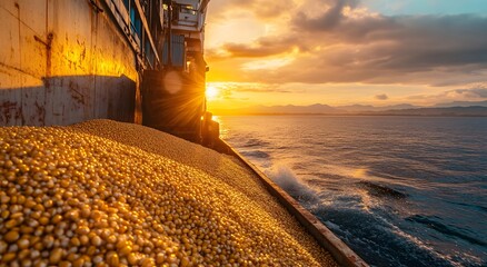 Cargo ships loaded with dried corn at the port. This gives an idea of ​​world trade and import or export. And encourages the transportation of goods by sea.