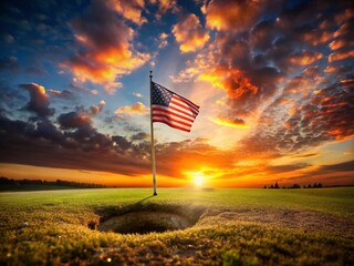 Double Exposure: Tiny Flag Emerging from Earth Hole - Hope, Freedom, Patriotism Concept