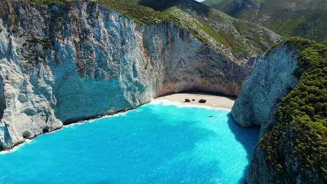 Navagio Beach or Shipwreck Beach, on the coast of Zakynthos, in the Ionian Islands of Greece