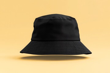 black bucket hat mockup isolated on a beige background.	