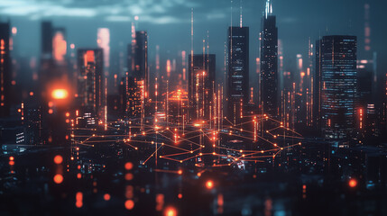 Fototapeta premium Smart digital Innovation city with connection network reciprocity over the cityscape. of future smart wireless digital city and social media networking systems that connects people with in city