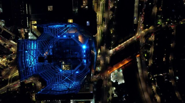 Topdown view of Costanera tower viewpoint at night, touristic landmark in Santiago de Chile