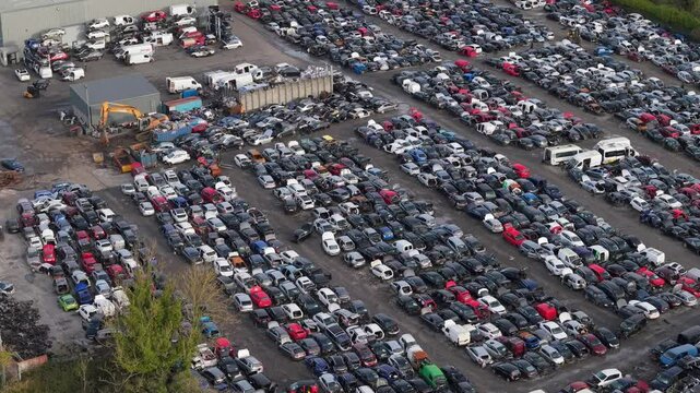 Aerial View Of Stored Wrecked Cars At Scrapyard In Kildare, Ireland.