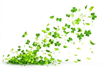 Artistic Representation of Green Leaves and Clover Falling in a Whimsical Manner on a White Background for Creative and Nature-Themed Projects