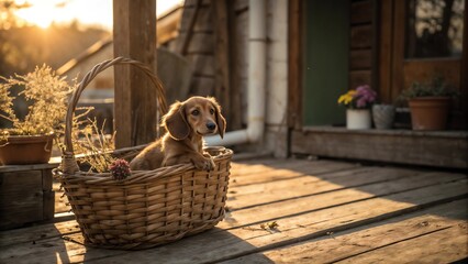 Charming Long-haired Dachshund Puppy in Rustic Wicker Basket at Golden Hour