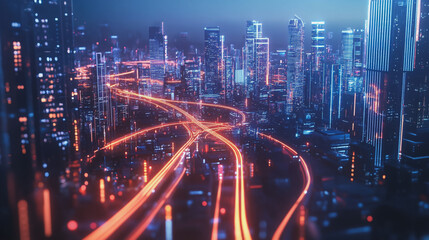 Obraz premium Smart digital Innovation city with connection network reciprocity over the cityscape. of future smart wireless city and social media networking systems that connects business people with in city