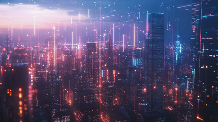 Fototapeta premium Smart digital Innovation city with connection network reciprocity over the cityscape. of future smart wireless city and social media networking systems that connects business people with in city