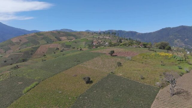 Scenic view of Guatemala's rolling hills covered in patchwork farmlands, lush vegetation and clear blue skies