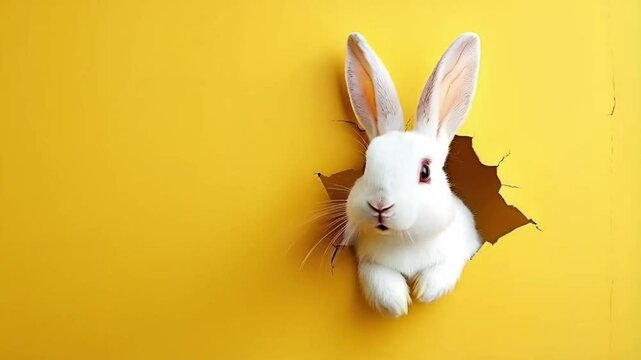Adorable White Rabbit Peeking Through a Hole in Yellow Background