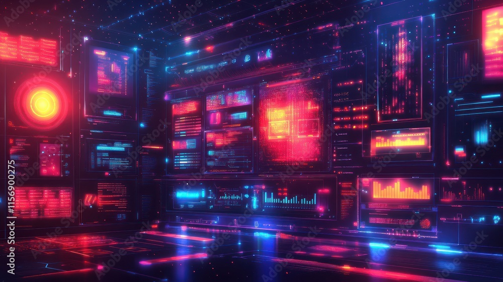 Poster futuristic digital interface with glowing screens displaying data.